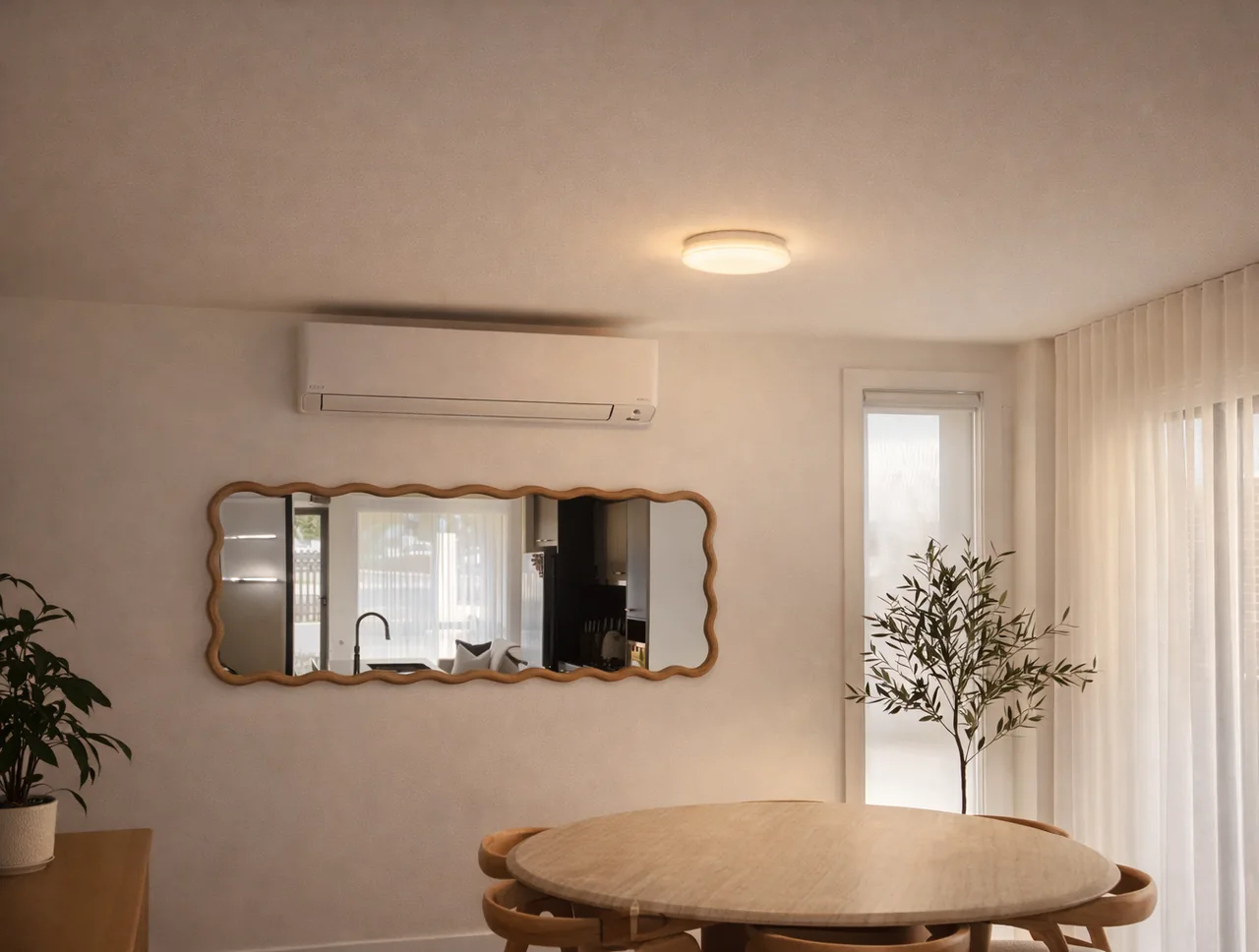 Wall-mounted split system installed in a warm minimalist apartment dining room